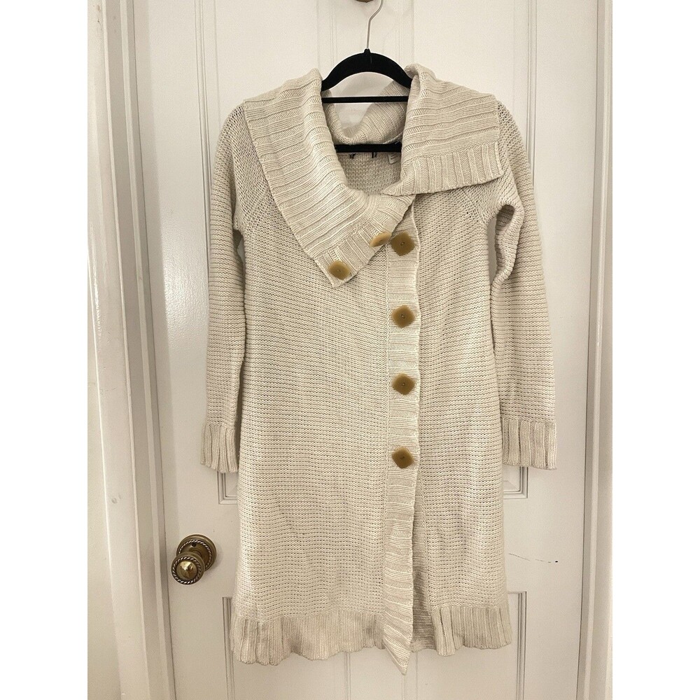 Warm Cardigan Size S Heavy Cable Knit Long Sweater Ivory Wool With Buttons
